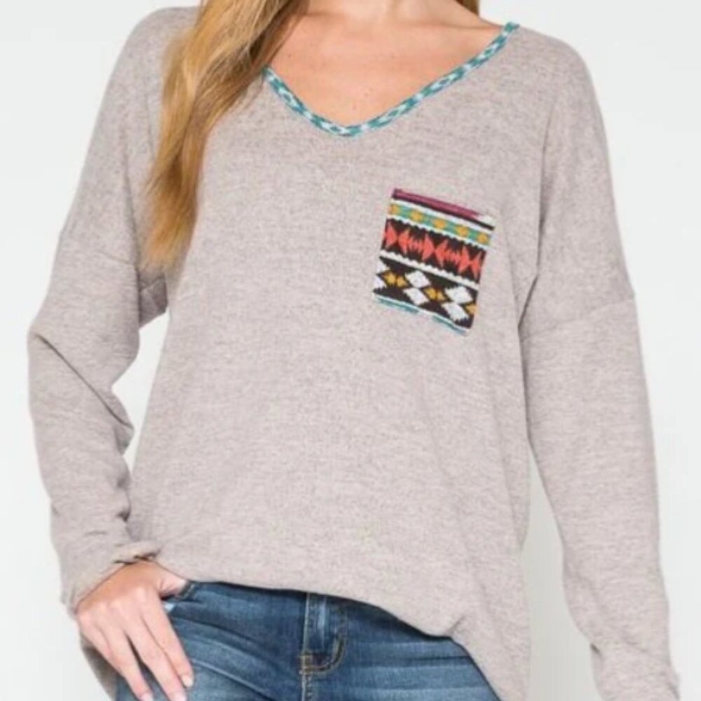 Now N Forever Women's 2X Solid Crisscross V-Back Top w/Aztec Print Trim NWOT